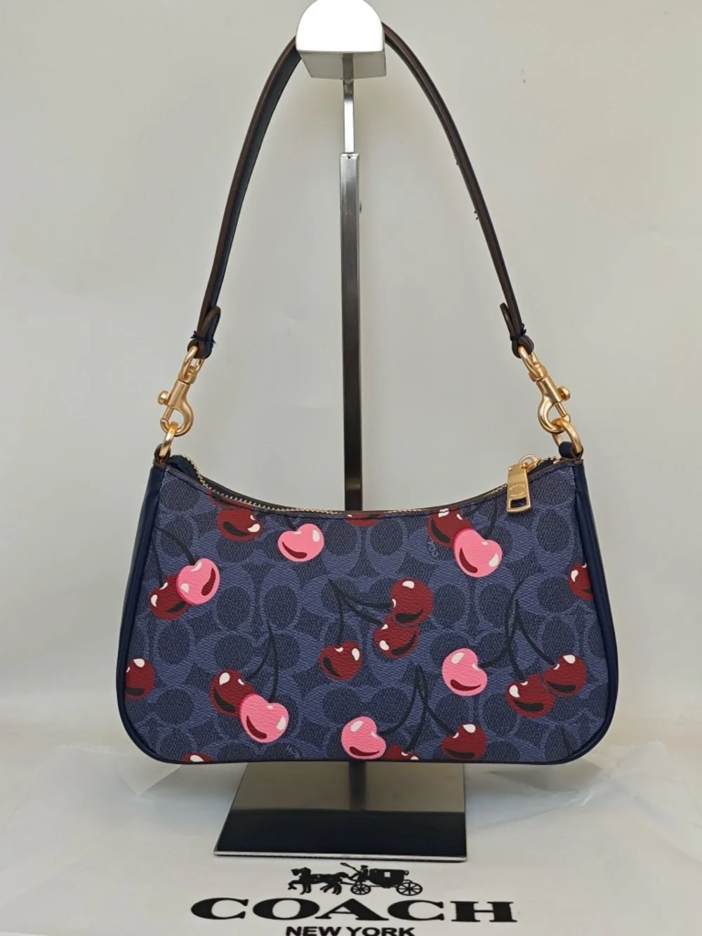 Coach Navy Cherry Print Shoulder Bag with Pink & Red Accents